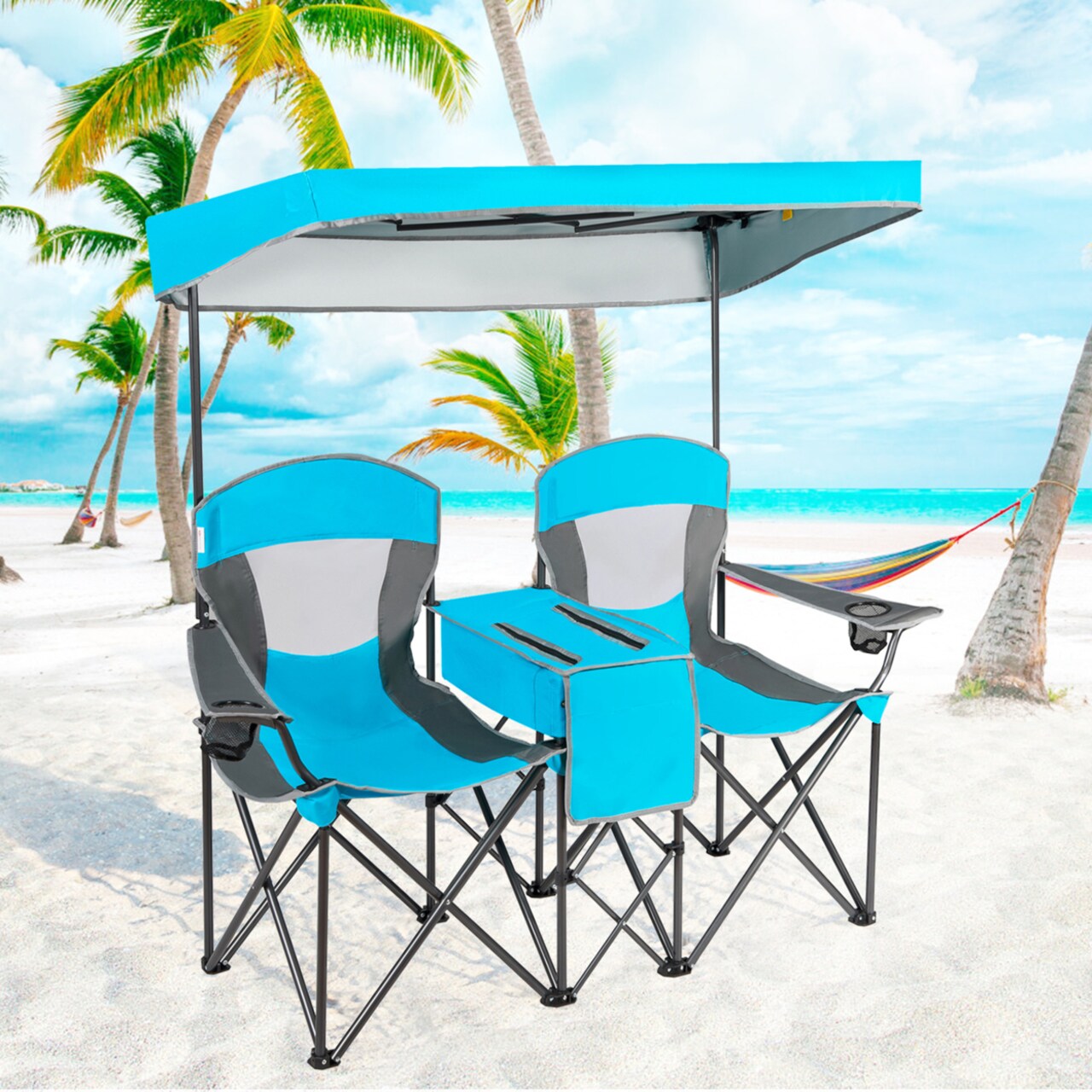 Gymax Folding 2-person Camping Chairs Double Sunshade Chairs w/ Canopy Blue/Turquoise/Red